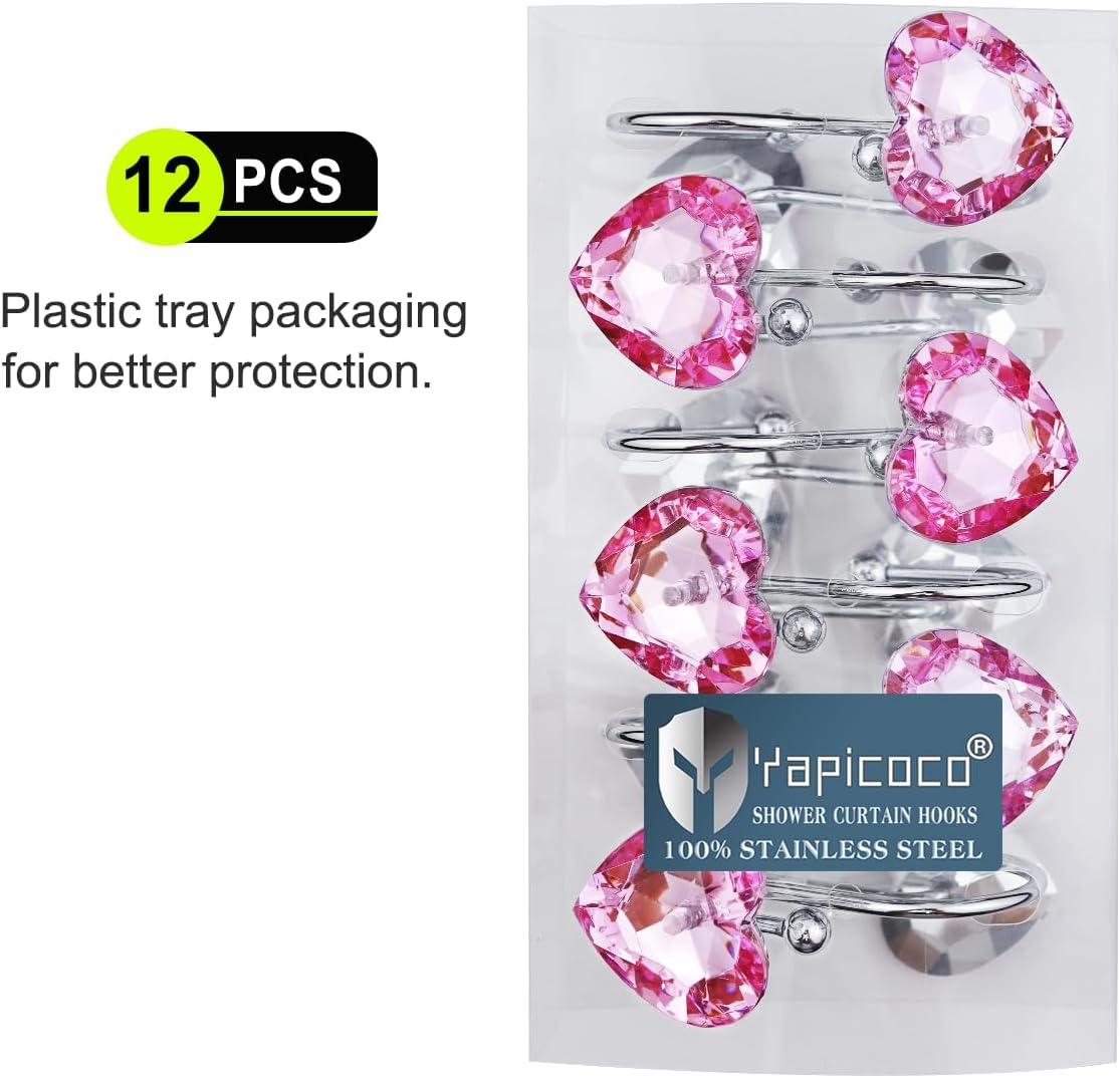 Shower Curtain Hooks Rings for Bathroom, 12PCS Valentines Day Heart Stainless Steel Rust Resistant Decorative Rhinestones Shower Curtain Rings Hangers for Shower Curtains, Clothing, etc.