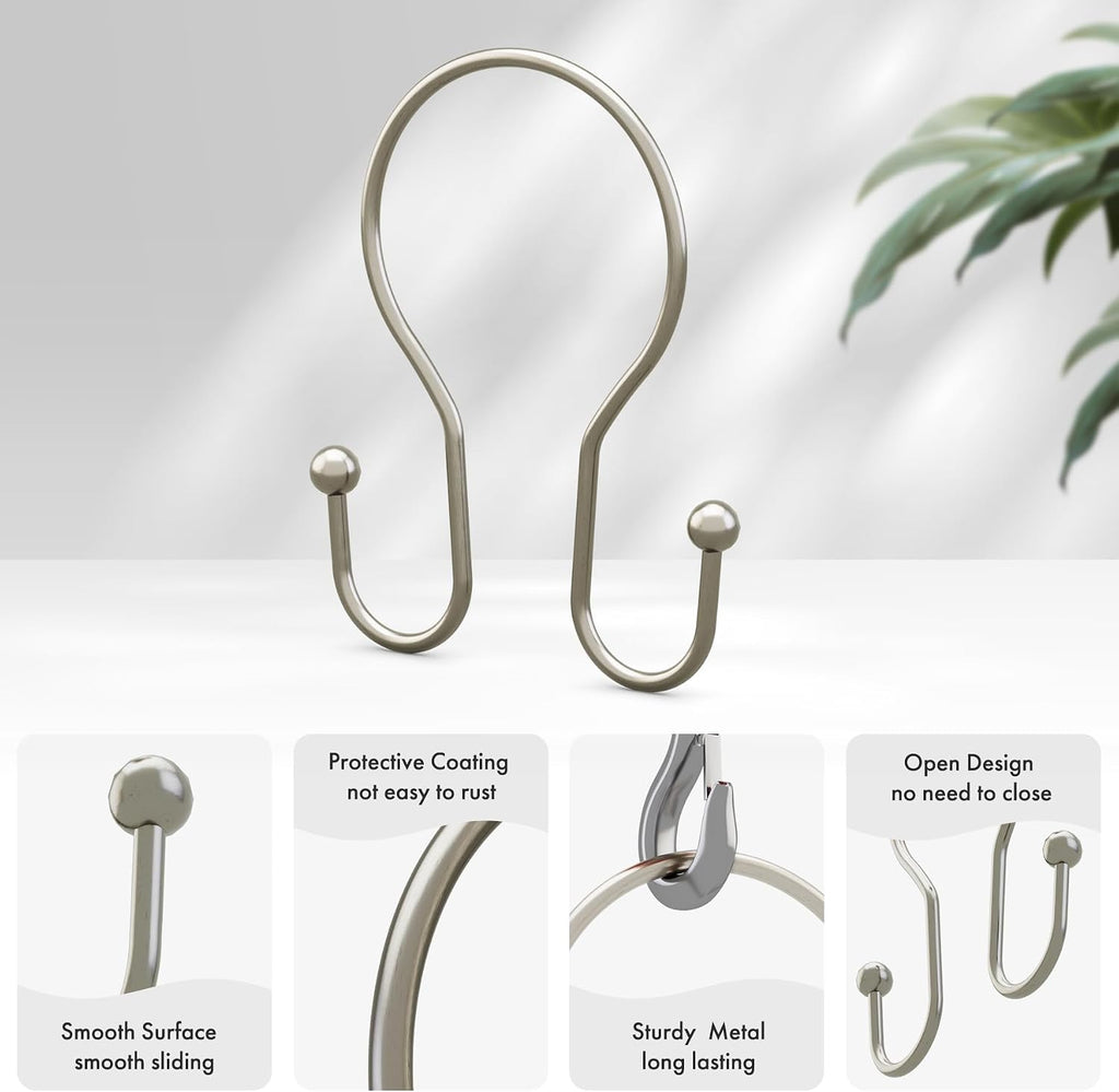 AmazerBath Shower Curtain Hooks Brushed Nickel Shower Curtain Rings, Simple Double Hook Shower Curtain Hooks Rust Proof, Smooth Glide Metal Shower Hooks for Shower Curtain, 12Pcs Shower Rod Hooks