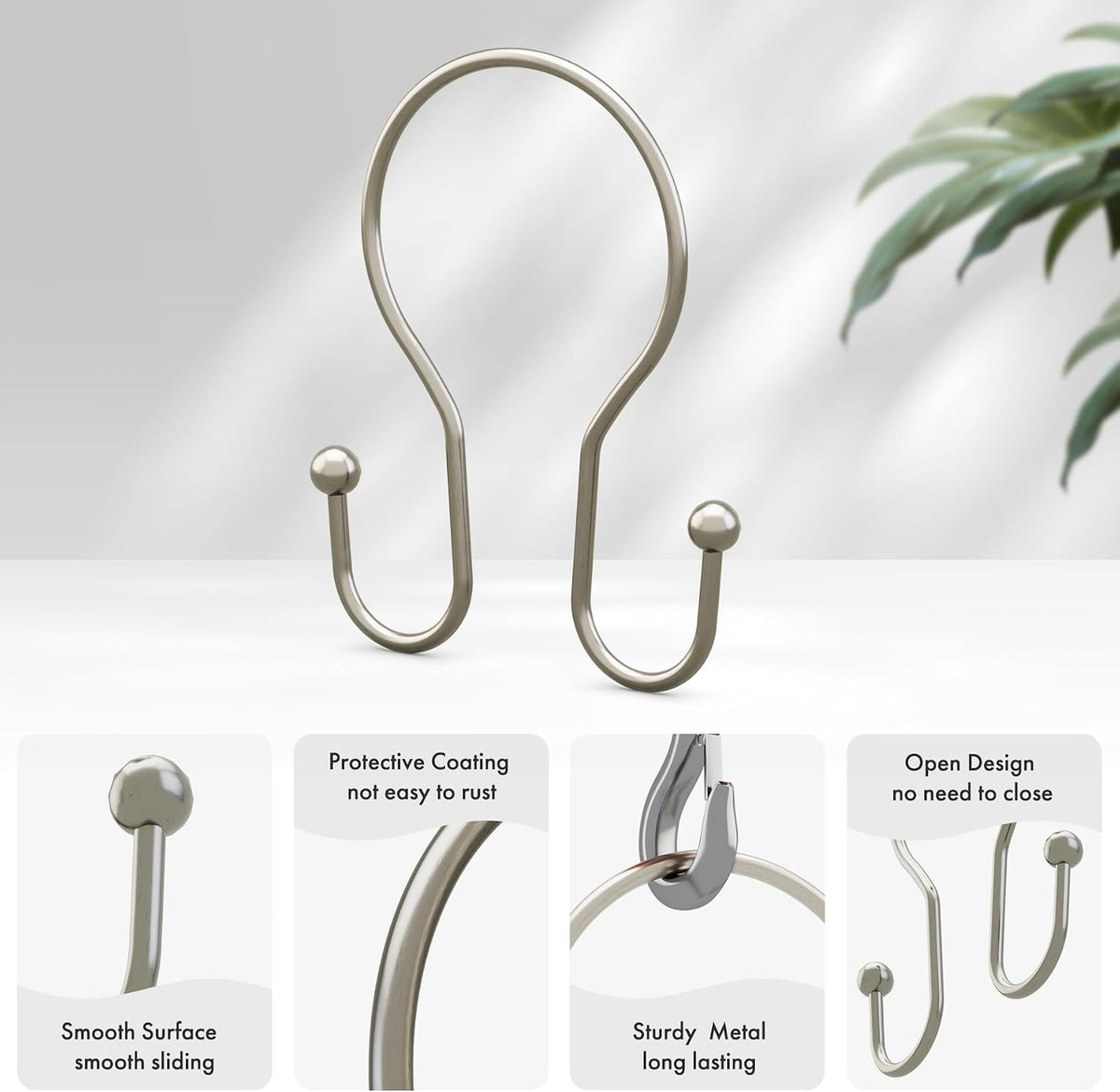 AmazerBath Shower Curtain Hooks Brushed Nickel Shower Curtain Rings, Simple Double Hook Shower Curtain Hooks Rust Proof, Smooth Glide Metal Shower Hooks for Shower Curtain, 12Pcs Shower Rod Hooks