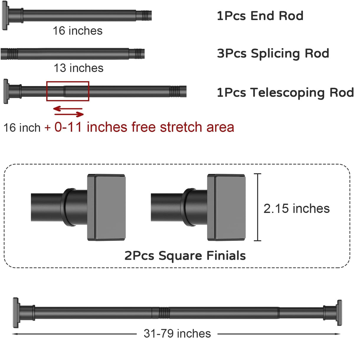 UIOSANRT Shower Curtain Rod Adjustable 31-79", Anti-Rust Shower Rod & Spring Tension Shower Rod No Drill, Black Shower Curtain Rod for Bathroom Tension Rod