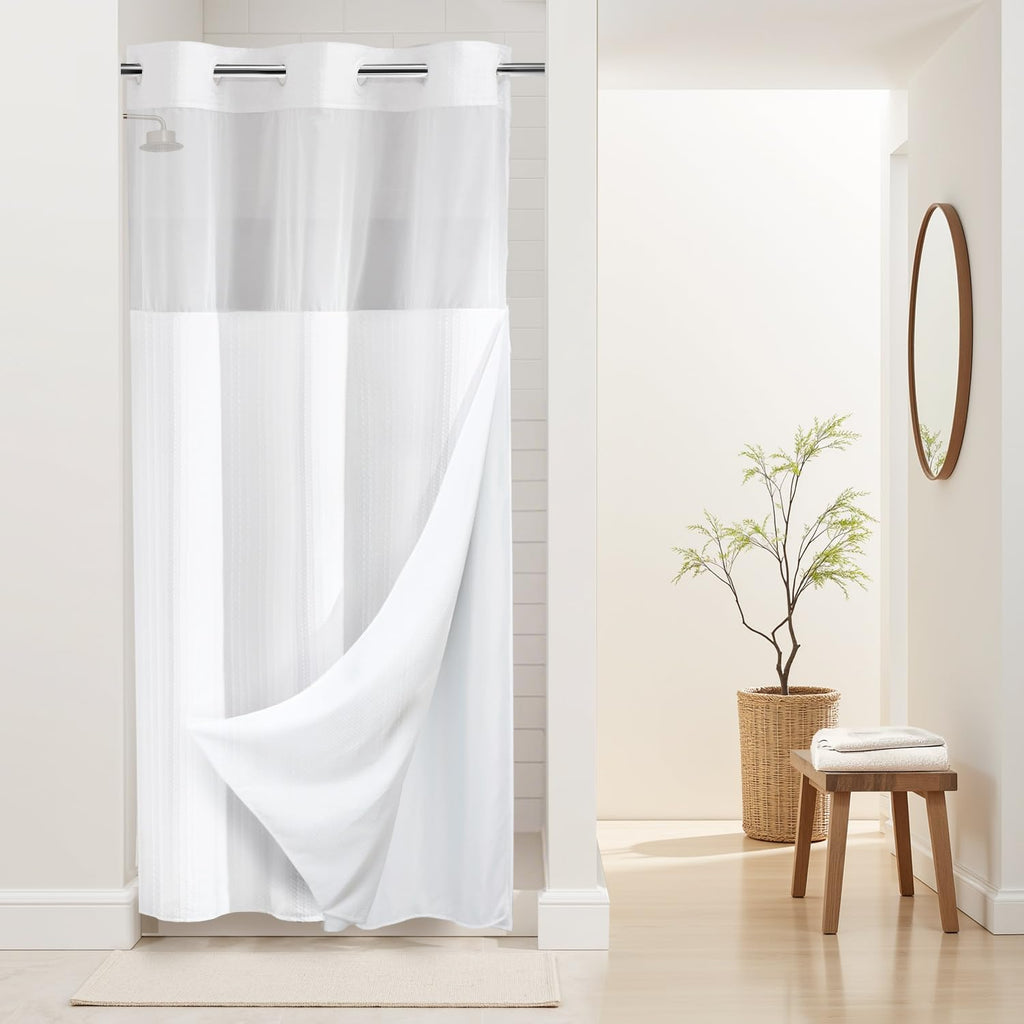 RiverDream Heavyweight Waffle No Hook Shower Curtain with Liner,White,71x74