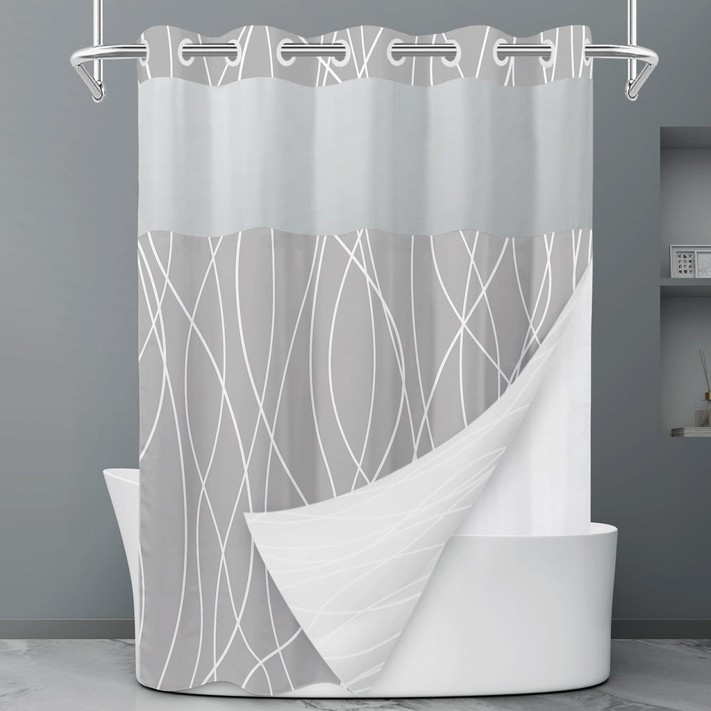 LXBNI Ringless Shower Curtain with Snap-in Liner, Gray White, 71 x 74 Inch