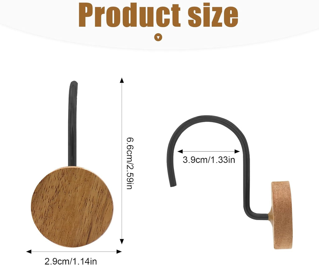 Shower Curtain Hooks, Wood Decorative Shower Curtain Rings, Modern Round Log Shower Curtain Hangers, 12PCS Shower Hooks for Shower Curtain Rod, Bedroom, Living Room (Black)