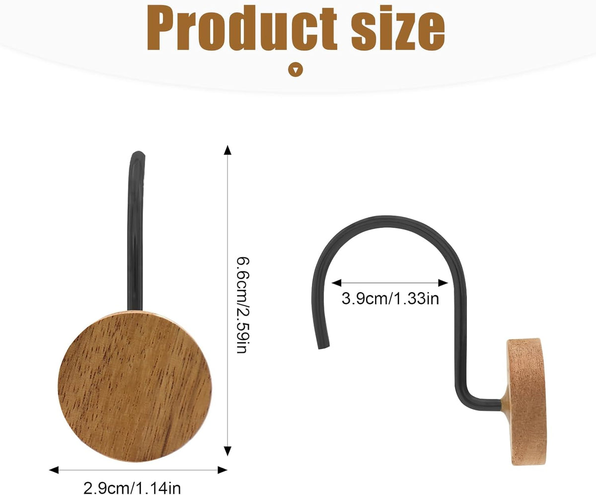 Shower Curtain Hooks, Wood Decorative Shower Curtain Rings, Modern Round Log Shower Curtain Hangers, 12PCS Shower Hooks for Shower Curtain Rod, Bedroom, Living Room (Black)