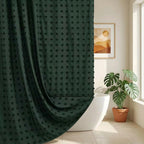 Extra Long Green Boho Shower Curtain Woven Fabric Cute 84 Inch Shower Curtain, 72 x 84 Tufted Pleat Floral Puffs Textured Modern Farmhouse Minimalist Shower Curtain Set with Hooks for Bathroom