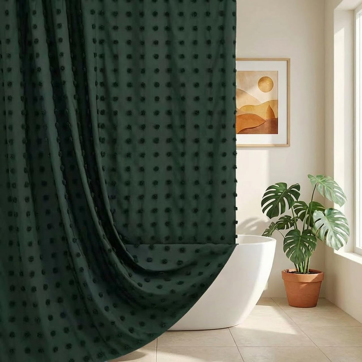 Extra Long Green Boho Shower Curtain Woven Fabric Cute 84 Inch Shower Curtain, 72 x 84 Tufted Pleat Floral Puffs Textured Modern Farmhouse Minimalist Shower Curtain Set with Hooks for Bathroom