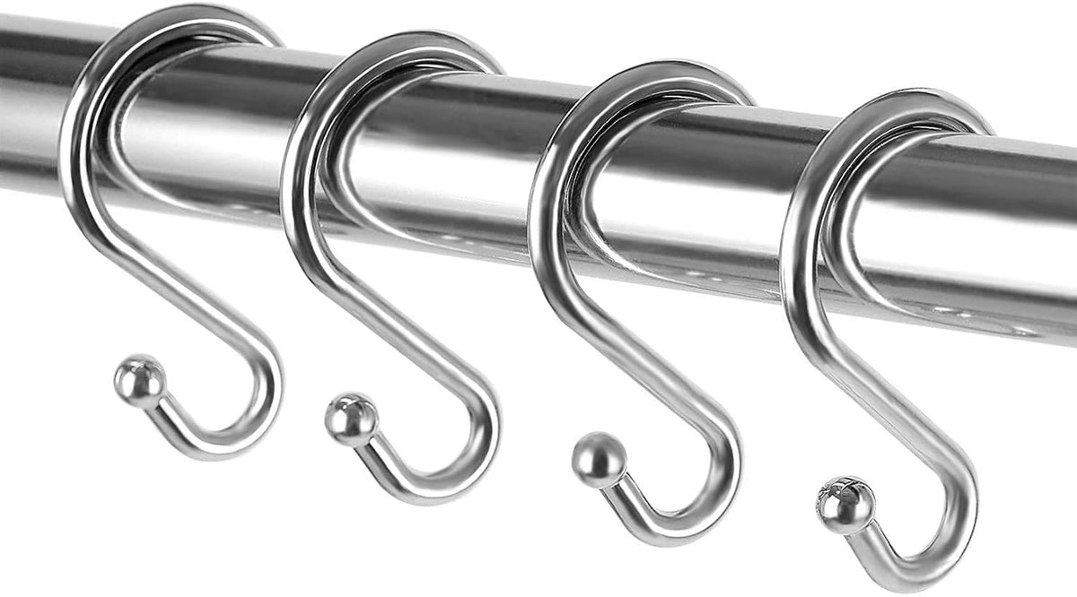 Metal Shower Curtain Hooks，Set of 12 Rings，Rust Resistant S Shaped Hooks Hangers for Shower Curtains, Kitchen Utensils, Clothing, Towels, etc. (Gold)