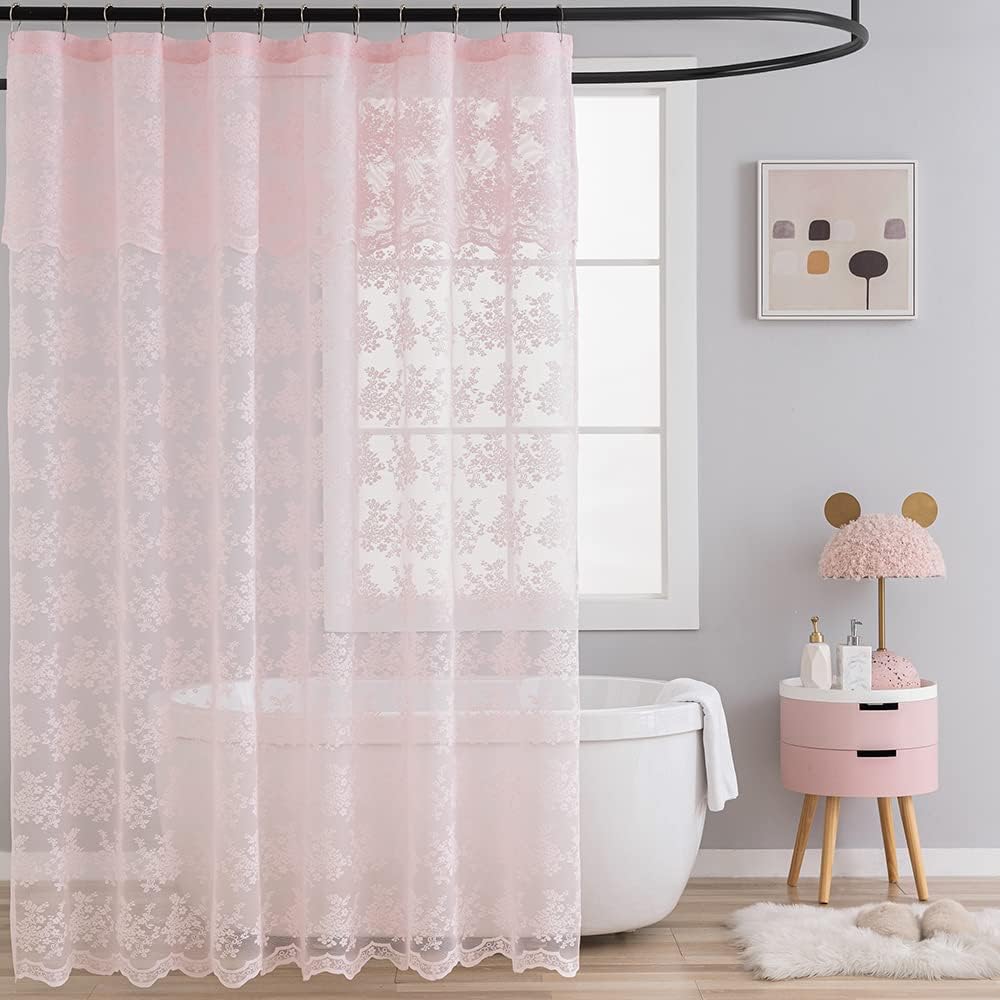 TUDECO Lace Brown Shower Curtain with Attached Valance, 72 x 72 Inch