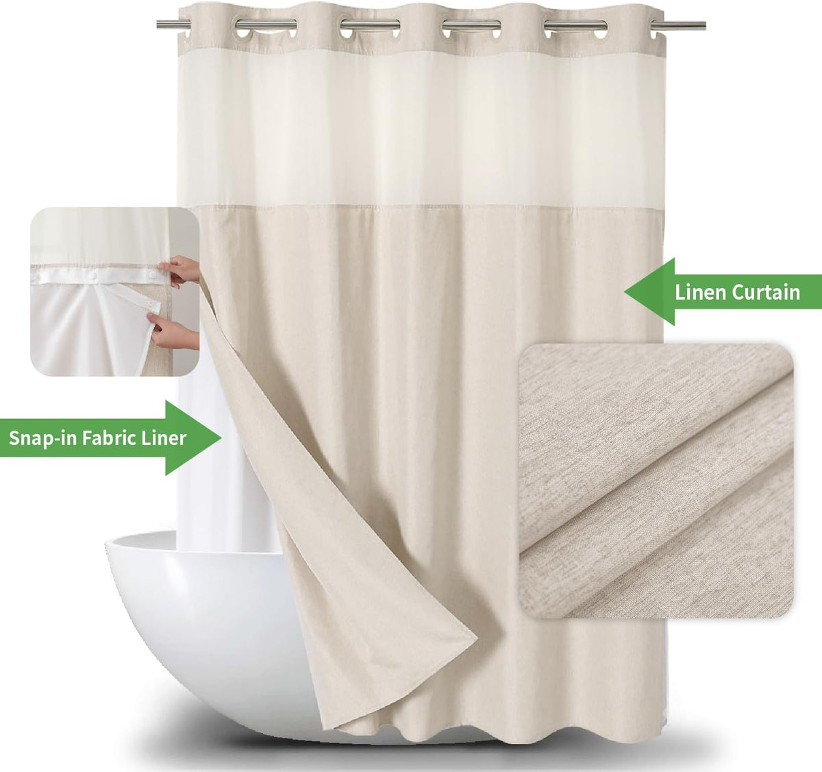 Eachope No Hooks Polyester Textured Shower Curtain with Snap-in Fabric Liner Set, Hotel Luxury Decor Shower Curtains for Bathroom with See Through Top Window, Waterproof & Washable, 71Wx74H, Cream