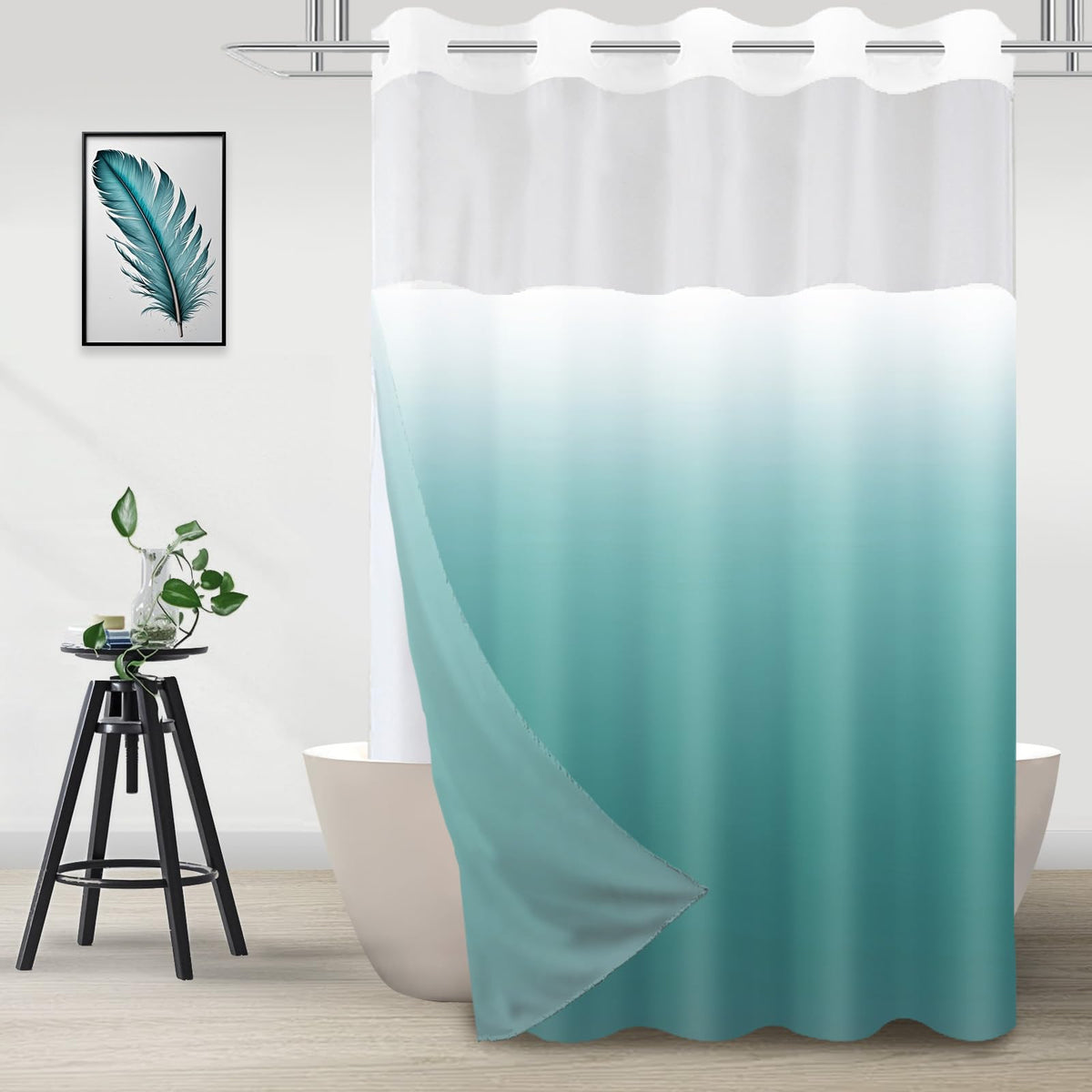 No Hook Shower Curtain and Liner Set, Ombre Black and White, 71x74