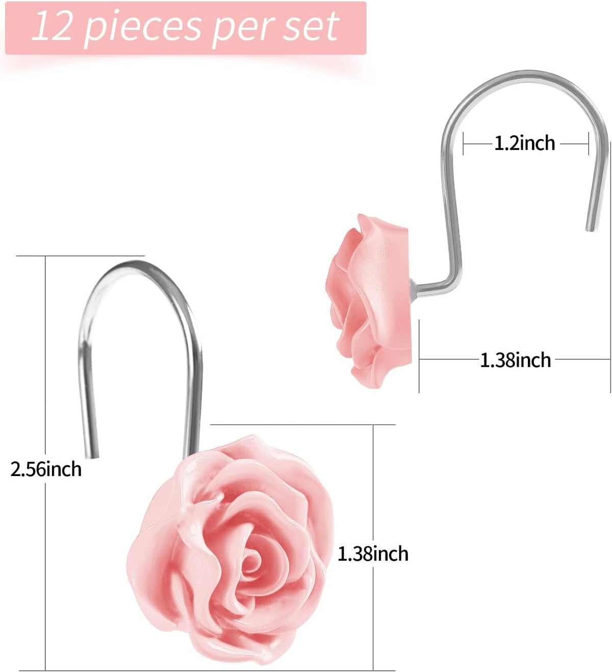 Cute Rose Floral Shower Curtain Hooks Rings for Bathroom,Pink 12PCS