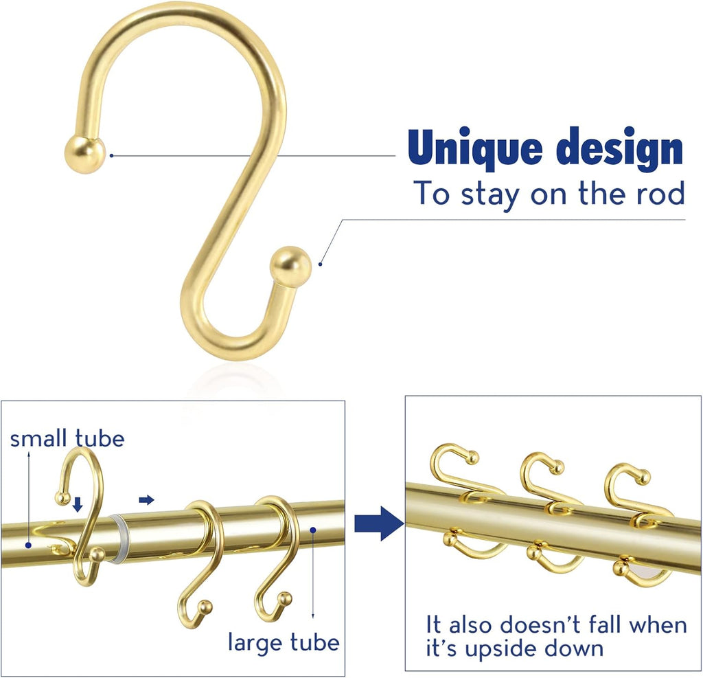 Metal Shower Curtain Hooks，Set of 12 Rings，Rust Resistant S Shaped Hooks Hangers for Shower Curtains, Kitchen Utensils, Clothing, Towels, etc. (Gold)
