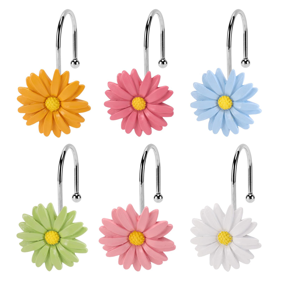 Flower Shower Curtain Hooks, 12 Pack Rustproof Stainless Steel Decorative, Bohemian Floral Bathroom Accessories for Curtain Rod and Shower Rod（White）