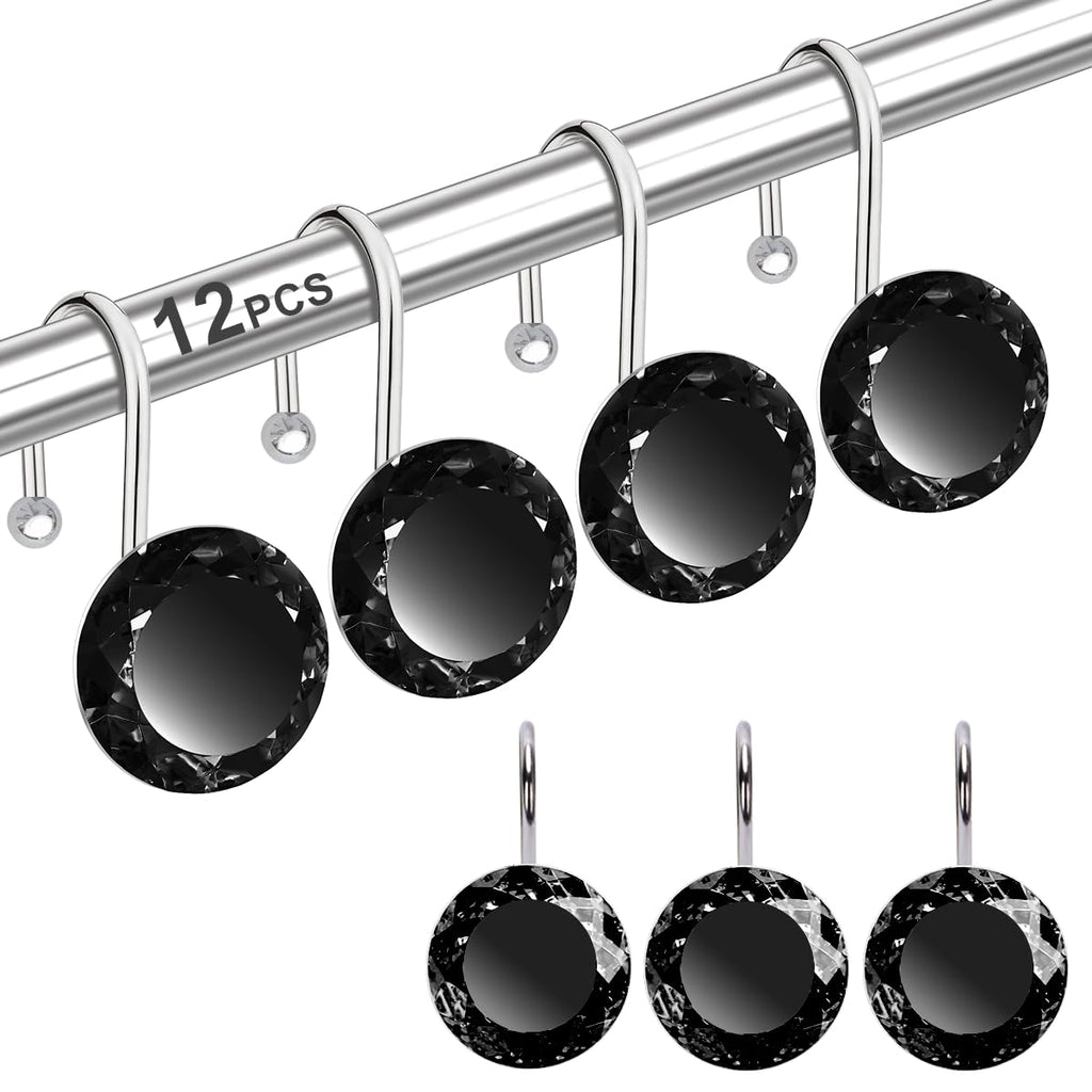 12PCS Shower Curtain Hooks Rings for Bathroom, Stainless Steel Metal Crystal Rhinestones Bling Rust Proof Shower Curtain Rings Hangers for Shower Curtain Decorative, Round Heavy Duty Hooks (Clear)