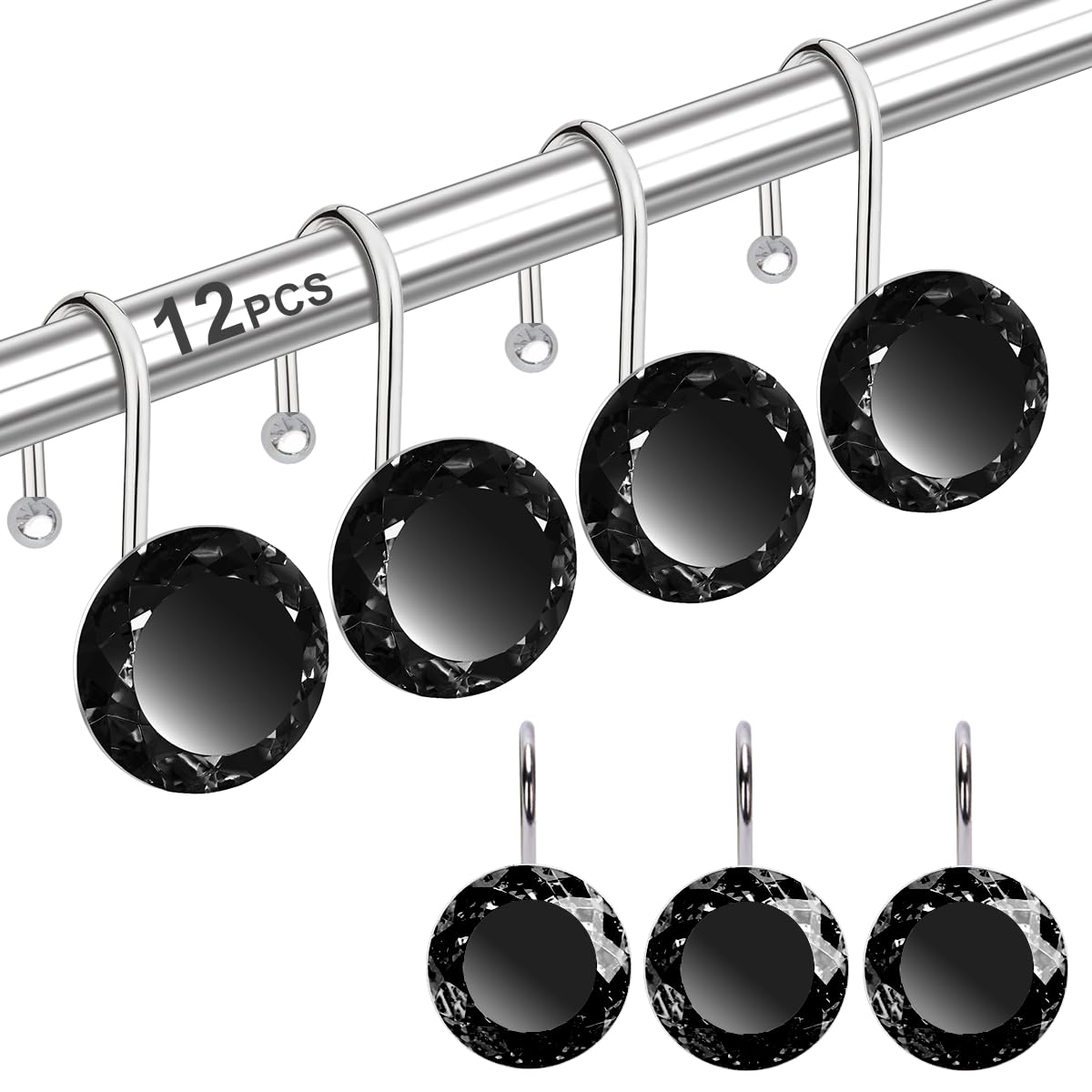 12PCS Shower Curtain Hooks Rings for Bathroom, Stainless Steel Metal Crystal Rhinestones Bling Rust Proof Shower Curtain Rings Hangers for Shower Curtain Decorative, Round Heavy Duty Hooks (Clear)
