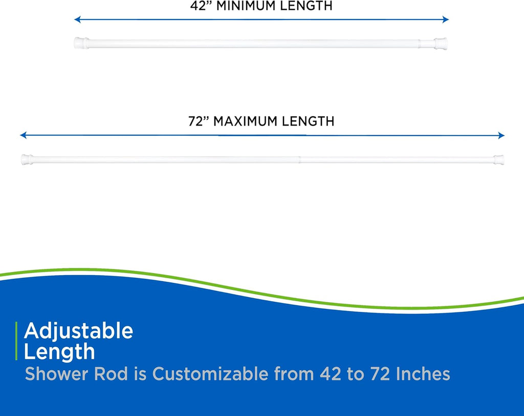 Kenney KN609C/10 Twist & Fit No Tools Camlock Tension Easy Install Shower Curtain Rod with Non-Slip, Non-Scratch Ends, 42-72" Adjustable Length, White, 1" Diameter Rust Resistant Steel Tube