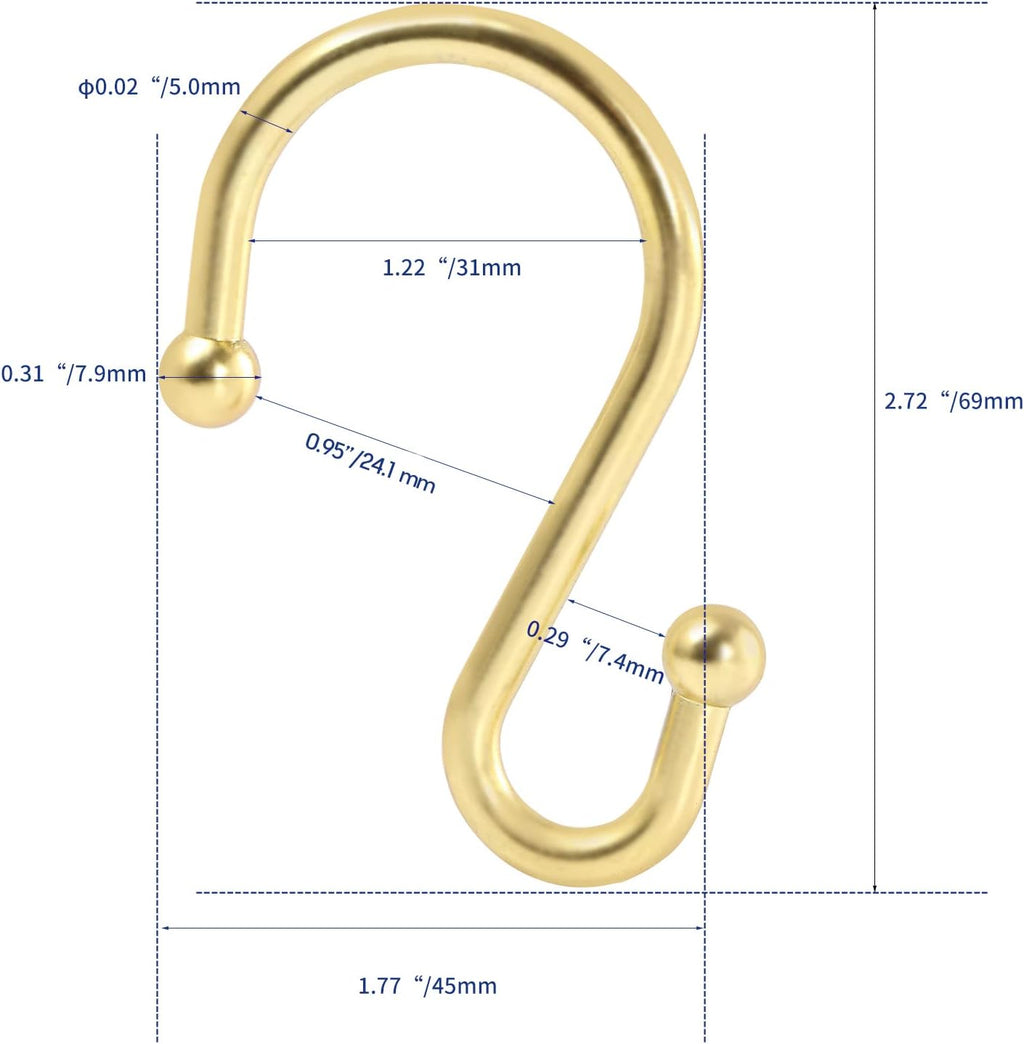 Metal Shower Curtain Hooks，Set of 12 Rings，Rust Resistant S Shaped Hooks Hangers for Shower Curtains, Kitchen Utensils, Clothing, Towels, etc. (Gold)