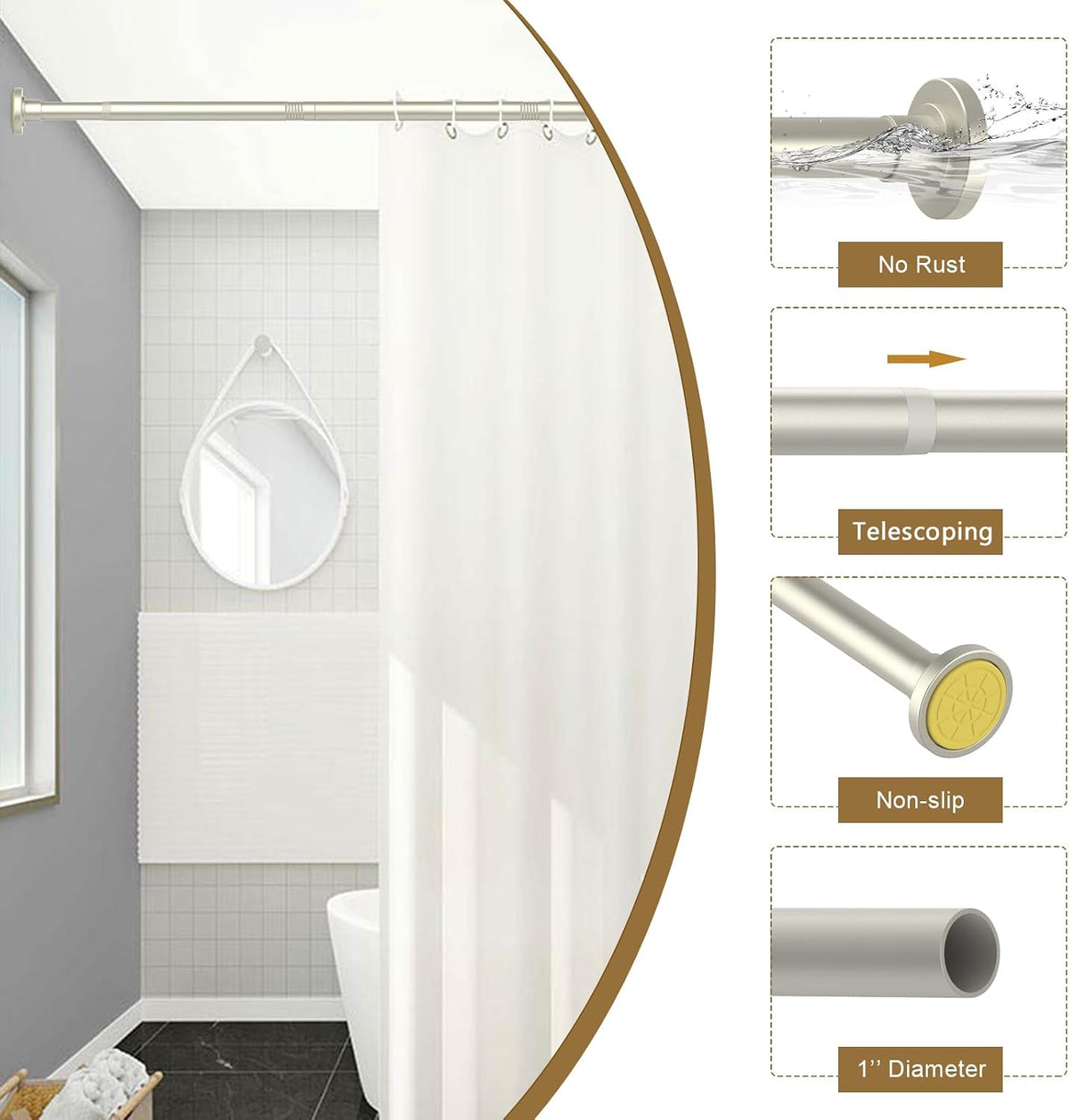 GXOACKJ Brushed Nickel Shower Curtain Rods - 31-80 Inch Spring Tension Shower Rods for Bathroom, Adjustable, No Drilling, No Rust, Stainless Steel