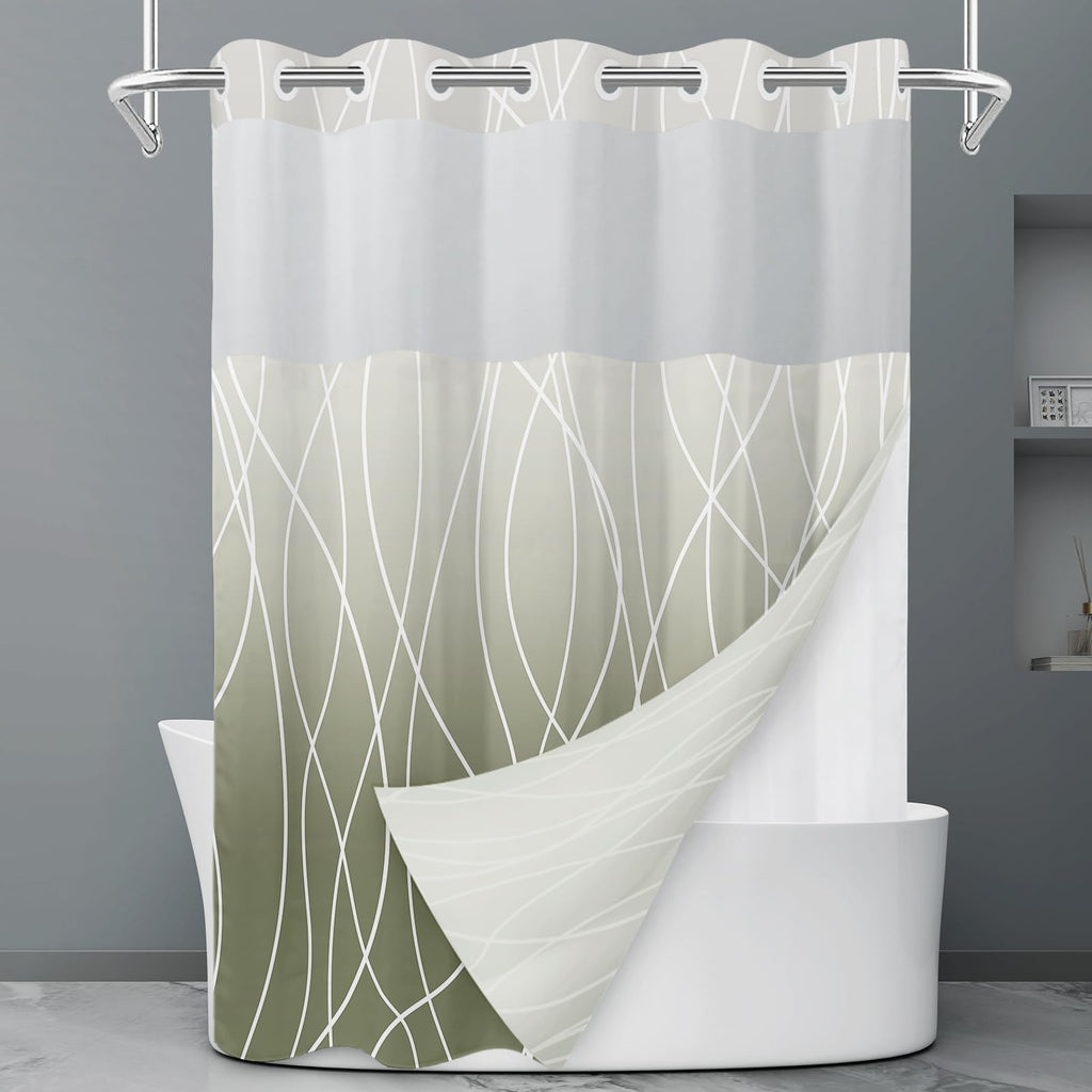 LXBNI Ringless Shower Curtain with Snap-in Liner, Gray White, 71 x 74 Inch