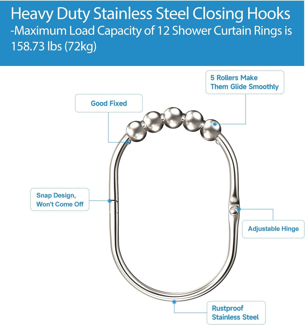 MENGJINGO 12PCS Wide Shower Curtain Hooks Rings, Rust Proof Stainless Steel, Heavy Duty Shower Hooks Rings for Bathroom Shower Rods Curtains Liners, Easy Glide Rollers, Set of 12, Chrome