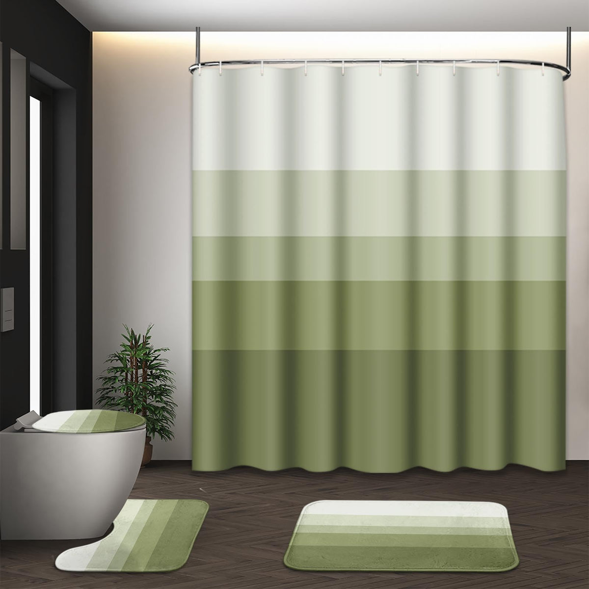 Bathroom Sets with Shower Curtain and Rugs, Set of 4, Checkered