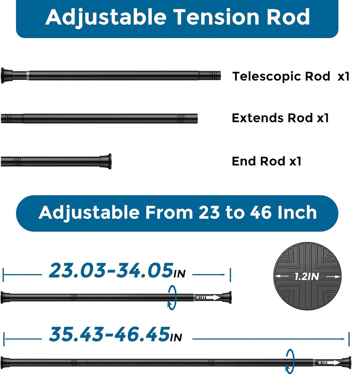AIZESI 2 Pack Tension Curtain Rod 23-46 Inch Tension Rods No Drill, Black