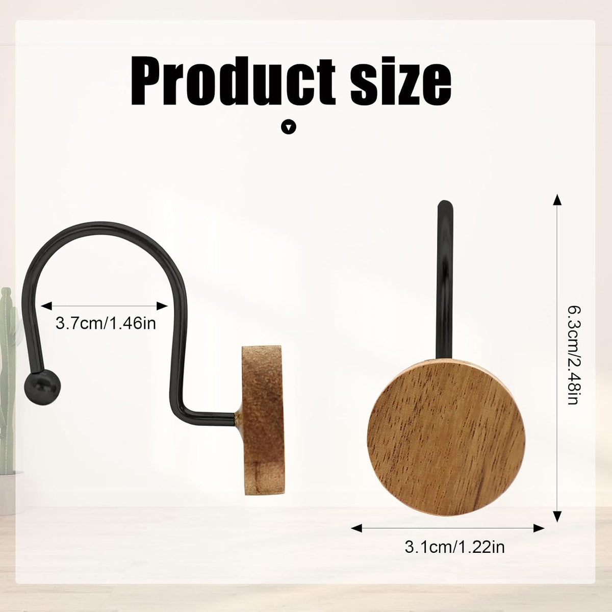 Shower Curtain Hooks, Wood Decorative Shower Curtain Rings, Modern Round Log Shower Curtain Hangers, 12PCS Metal Shower Hooks for Shower Curtain Rod, Bathroom, Bedroom, Living Room (Black)