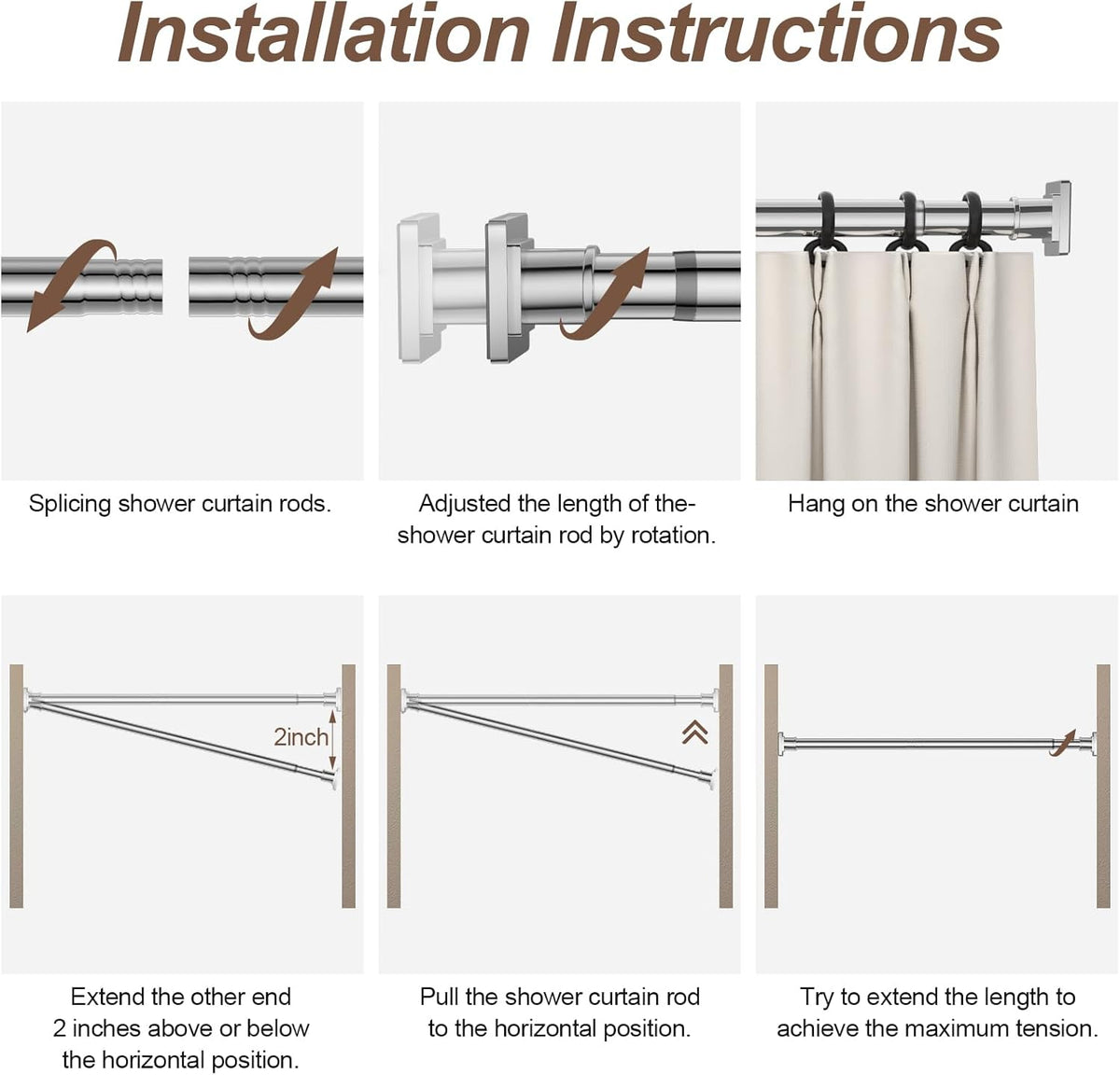 Shower Curtain Rod Square End Shower Rods for Bathroom 32"-92" Stainless Steel No Drilling for Shower Stall Living Room
