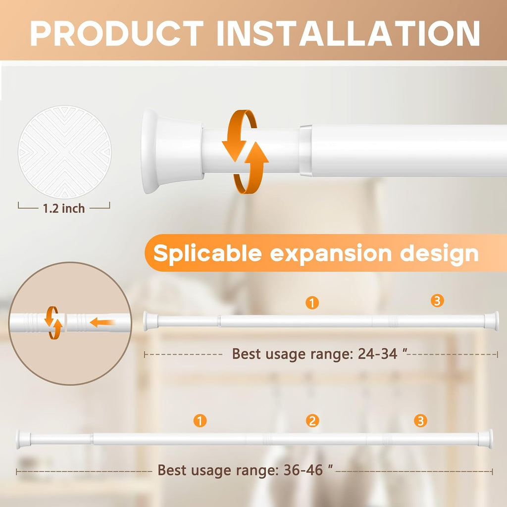 2PCS White tension rod 23-46Inch,Tension Curtain Rods No Drilling