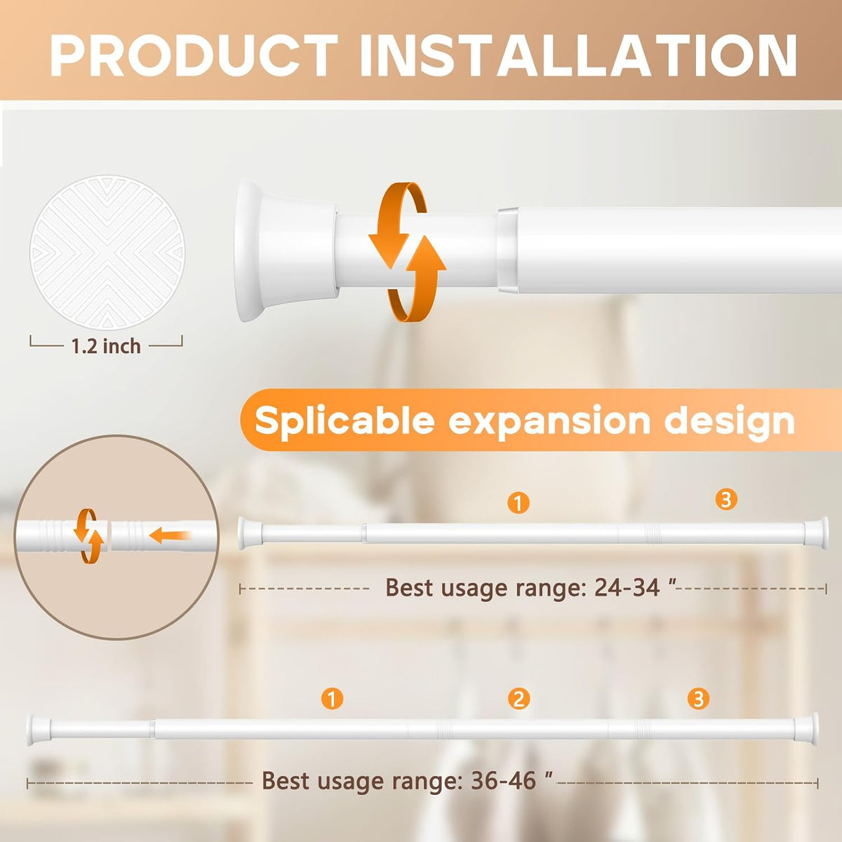 2PCS White tension rod 23-46Inch,Tension Curtain Rods No Drilling