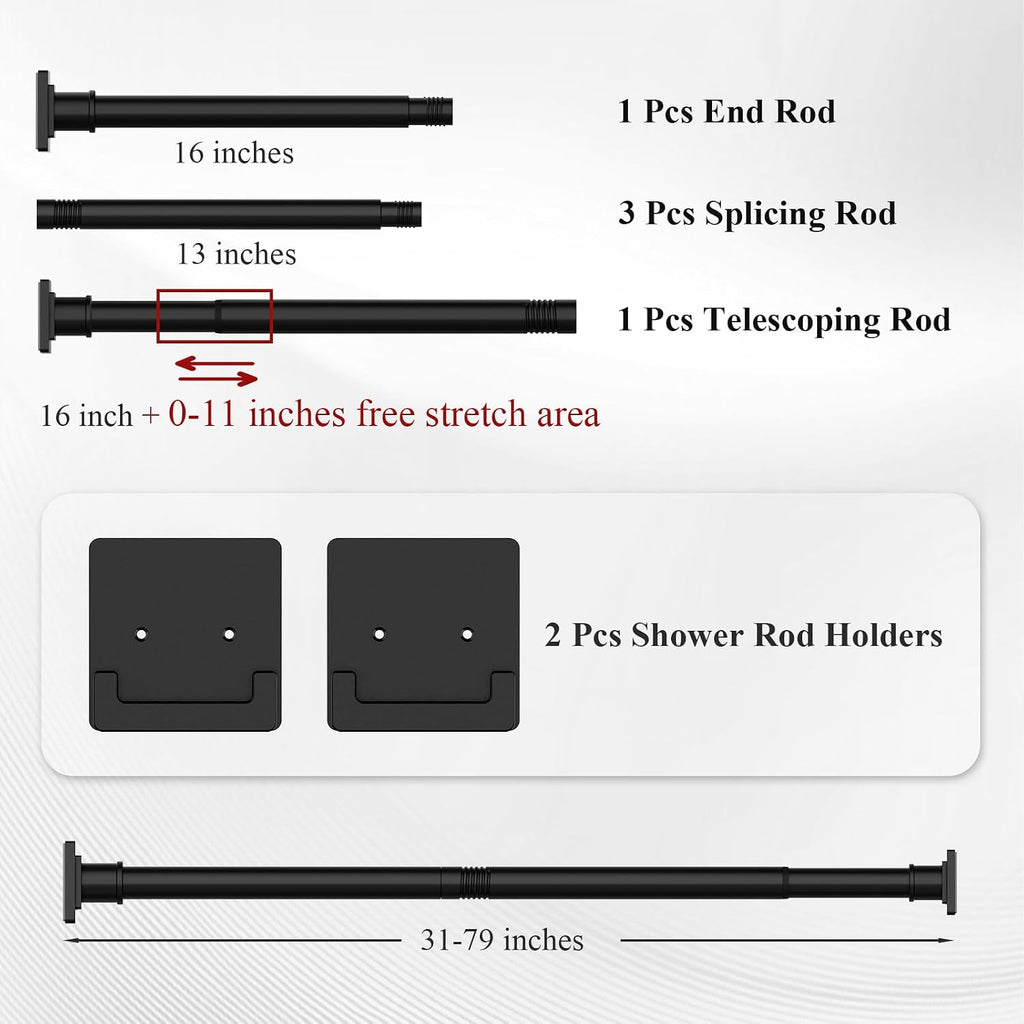 UIOSANRT Matte Black Shower Curtain Rod 31-79 inches with Holders, Stainless Steel Shower Rod & Tension Rod, Adjustable Tension Shower Curtain Rod for Bathroom, Windows, Closet