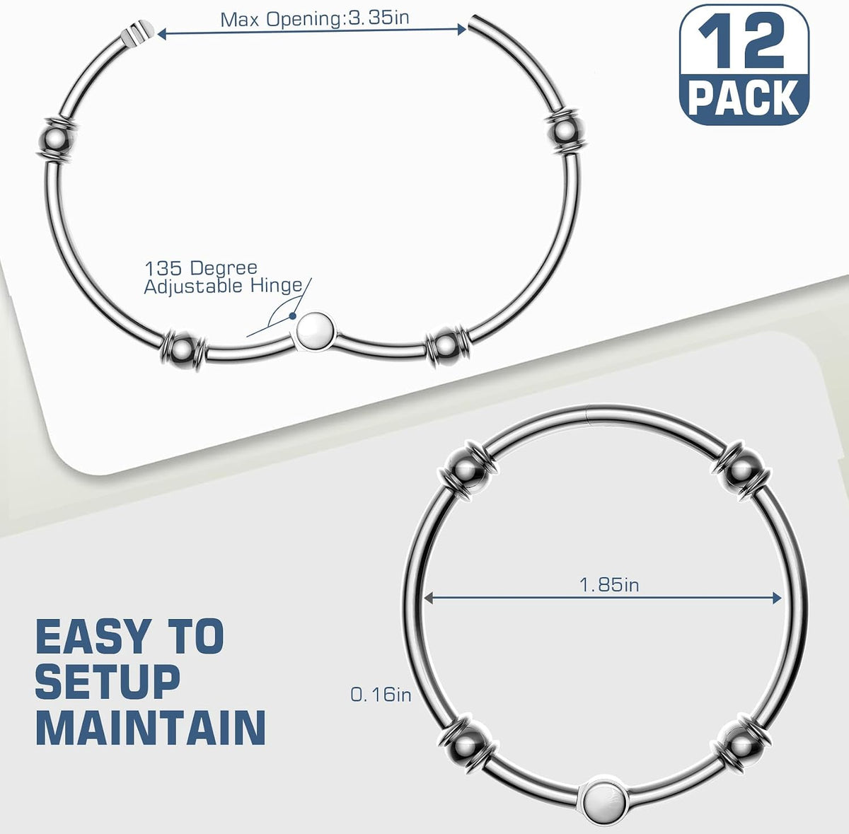 Shower Curtain Rings, Rust-Resistant Metal Curtain Hooks for Bathroom, Glide Smoothly on Curtain Rod, Loose Leaf Rings Set of 12, Zinc Alloy Nickel