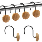 Shower Curtain Hooks, Wood Decorative Shower Curtain Rings, Modern Round Log Shower Curtain Hangers, 12PCS Shower Hooks for Shower Curtain Rod, Bedroom, Living Room (Black)