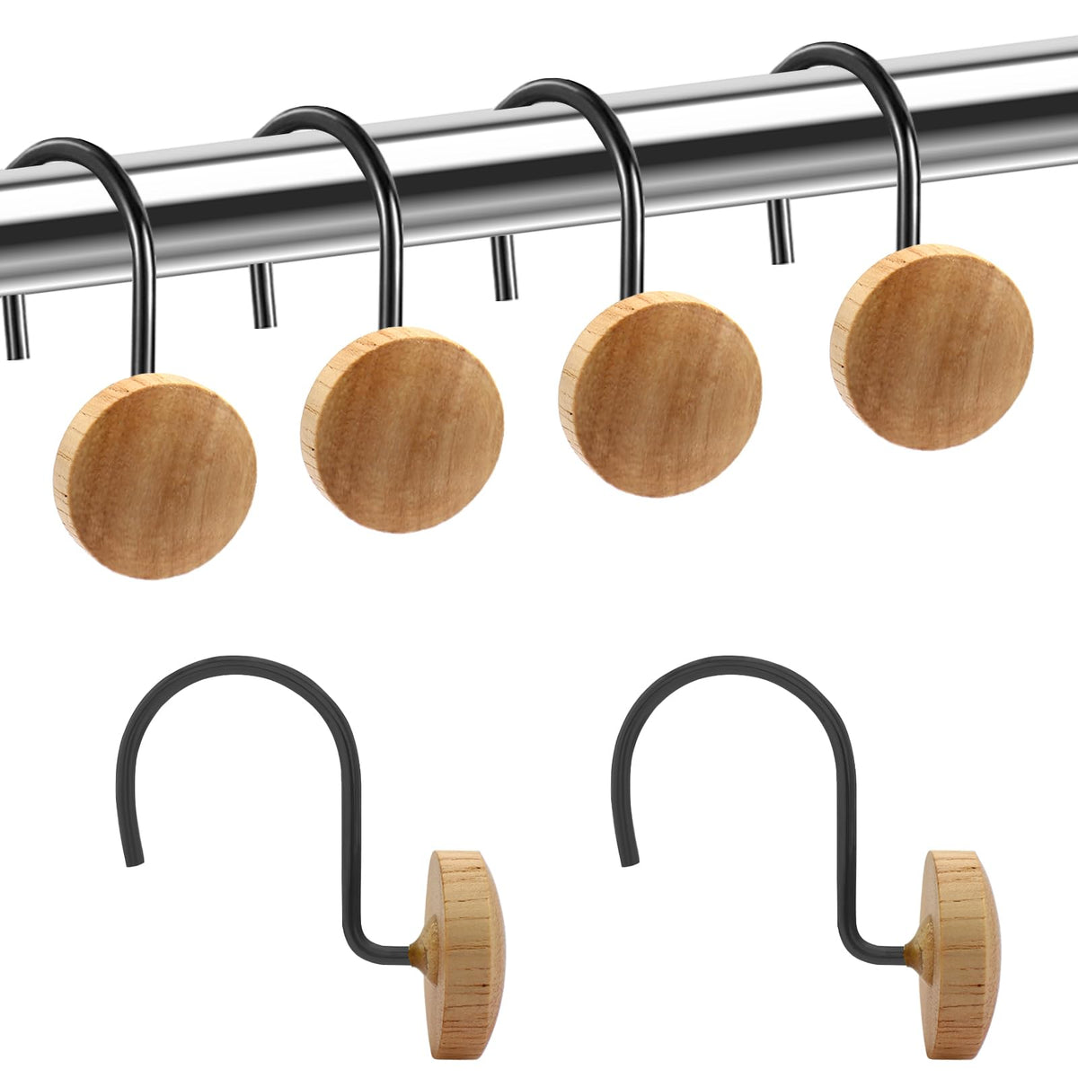 Shower Curtain Hooks, Wood Decorative Shower Curtain Rings, Modern Round Log Shower Curtain Hangers, 12PCS Shower Hooks for Shower Curtain Rod, Bedroom, Living Room (Black)