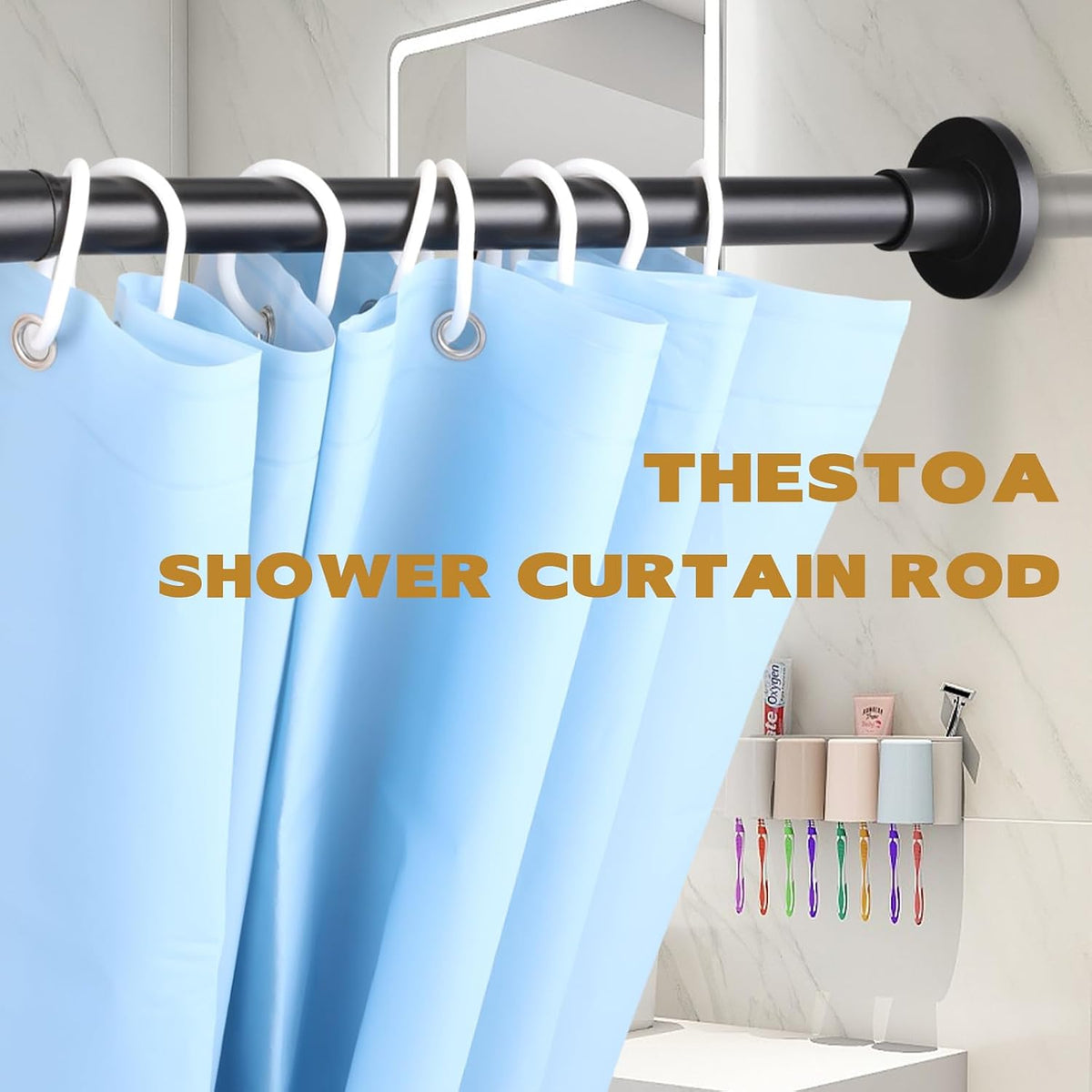 Thestoa Shower Curtain Rod Adjustable 30-80" with Holder, Anti-Rust Shower Rod & Spring Tension Shower Rod No Drill, Black Shower Curtain Rod for Bathroom Tension Rod