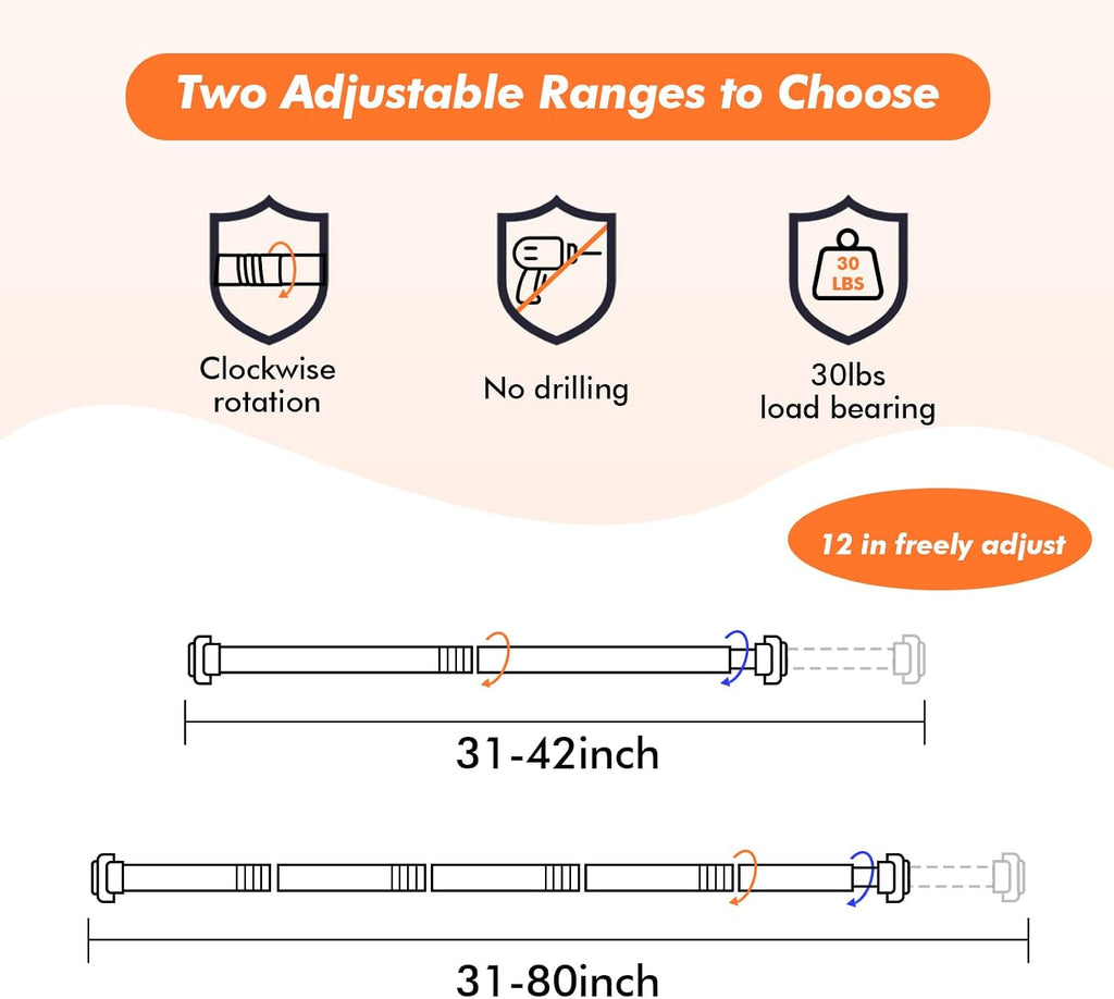 Shower Curtain Rod 31-80 in Adjustable Curtain Rod No Drilling Tension Shower Rod Stainless Steel for Bathroom Room Divider, White