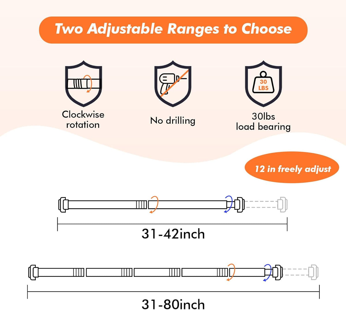 Shower Curtain Rod 31-80 in Adjustable Curtain Rod No Drilling Tension Shower Rod Stainless Steel for Bathroom Room Divider, White