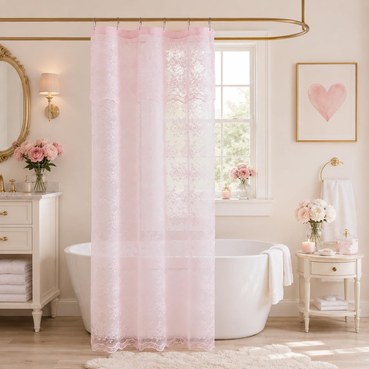 TUDECO Lace Brown Shower Curtain with Attached Valance, 72 x 72 Inch