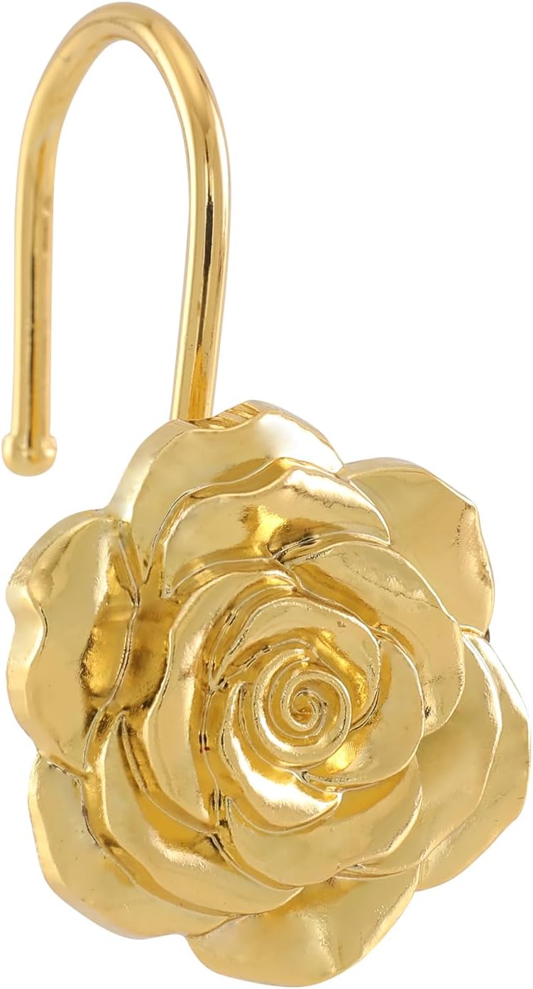 Metal Rose Shower Curtain Hooks, Rust-Resistant Hooks for Shower Curtain Rods, Set of 12, Beautiful Floral Rose Design Bathroom Decoration Hooks (Gold)