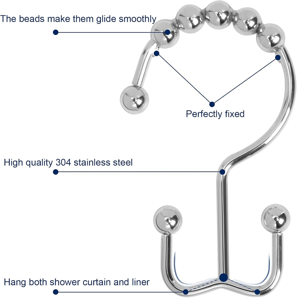 Gidse Shower Curtain Hooks,Sturdy Stainless Steel Double Sided Shower Hooks Rings for Bathroom Shower Curtain Rods Curtains Set of 12 Hooks - Chrome
