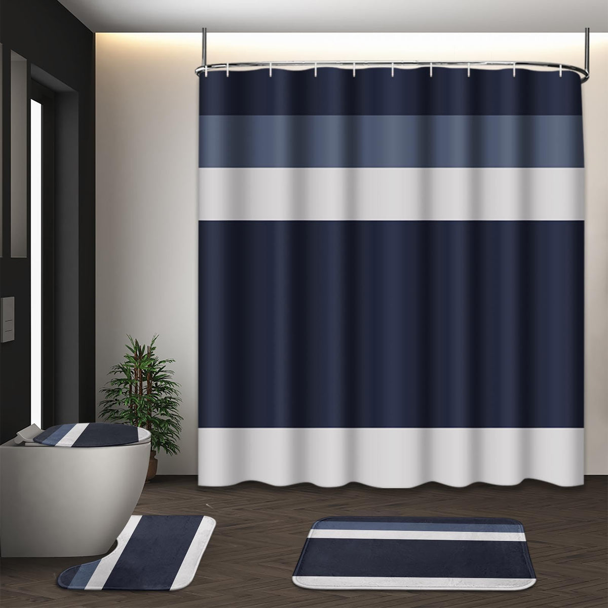 Bathroom Sets with Shower Curtain and Rugs, Set of 4, Checkered