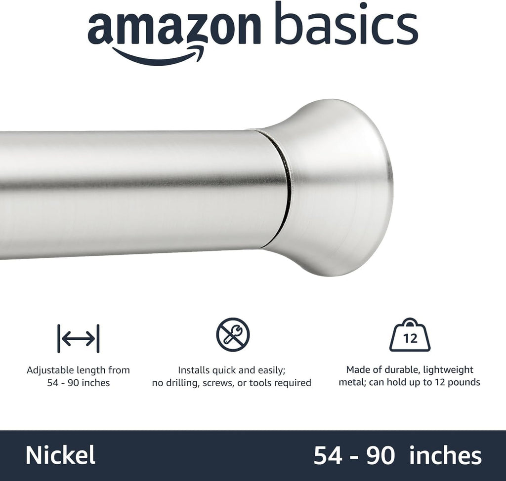 Amazon Basics No Drilling Spring Tension Curtain Rod, Adjustable Length 54-90" Width, Classic Finial, Nickel