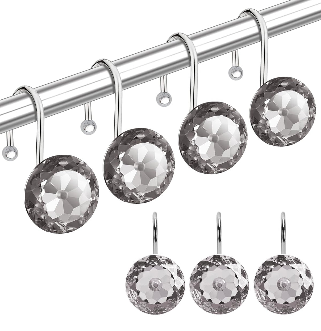 12PCS Shower Curtain Hooks Rings for Bathroom, Stainless Steel Metal Crystal Rhinestones Bling Rust Proof Shower Curtain Rings Hangers for Shower Curtain Decorative, Round Heavy Duty Hooks (Clear)