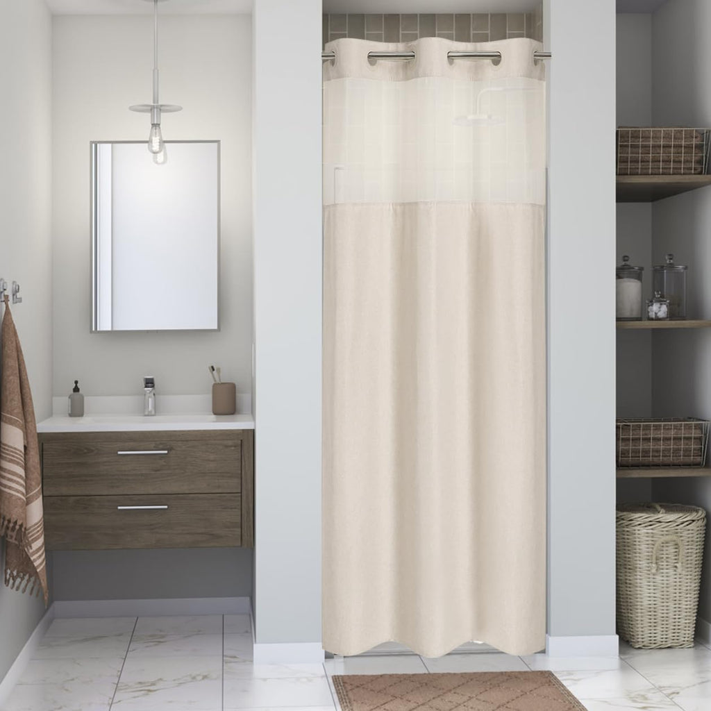 Eachope No Hooks Polyester Textured Shower Curtain with Snap-in Fabric Liner Set, Hotel Luxury Decor Shower Curtains for Bathroom with See Through Top Window, Waterproof & Washable, 71Wx74H, Cream