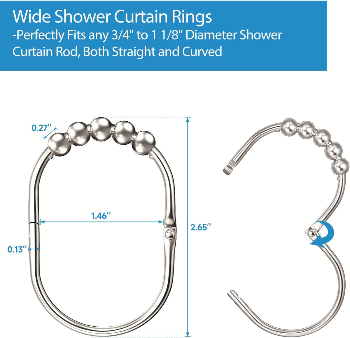 MENGJINGO 12PCS Wide Shower Curtain Hooks Rings, Rust Proof Stainless Steel, Heavy Duty Shower Hooks Rings for Bathroom Shower Rods Curtains Liners, Easy Glide Rollers, Set of 12, Chrome