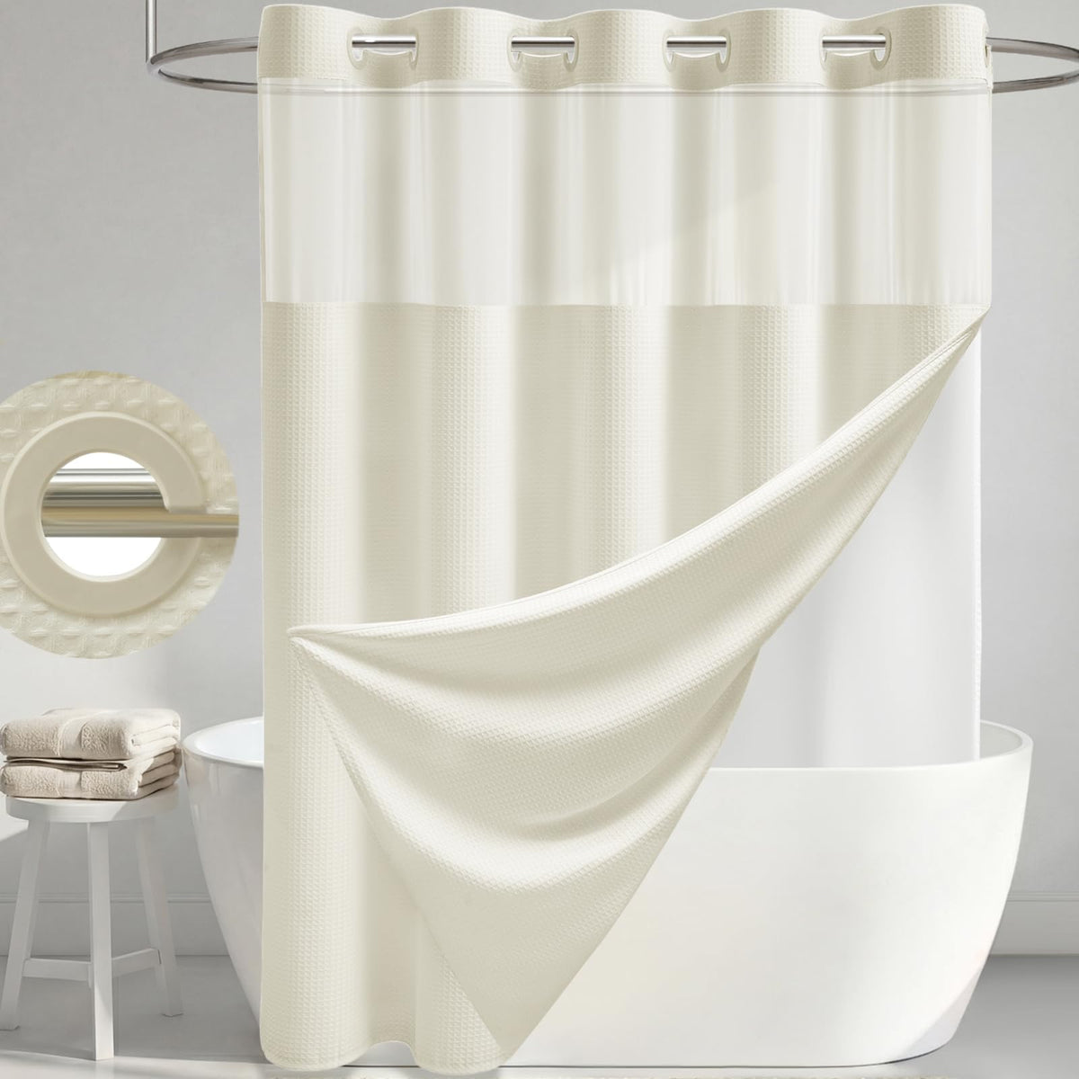 Dynamene Ringless Waffle Weave Fabric Shower Curtain Set, Black, 72"x75"