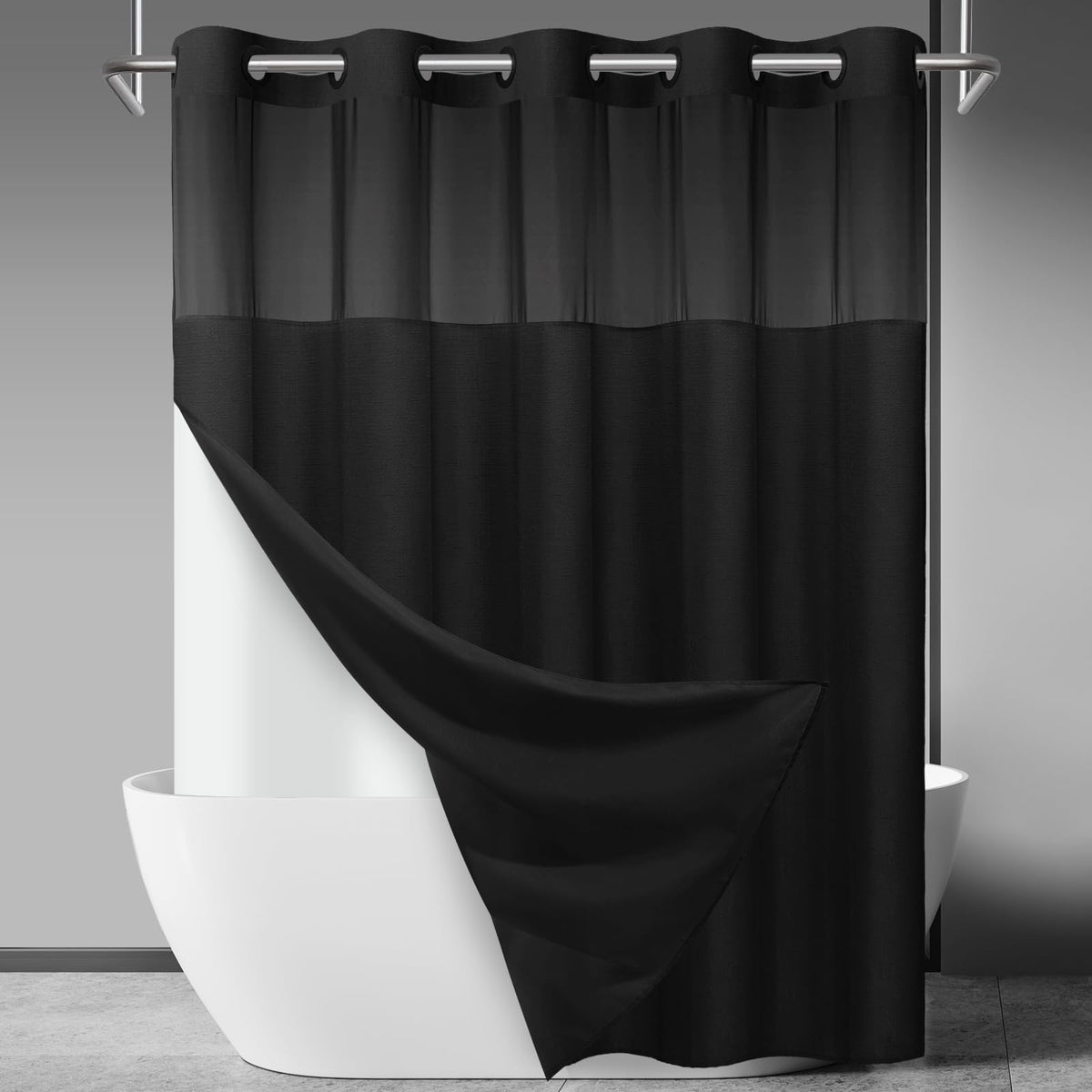SORTTO Ringless Slub Shower Curtain with Snap in Liner, 71x74, Black