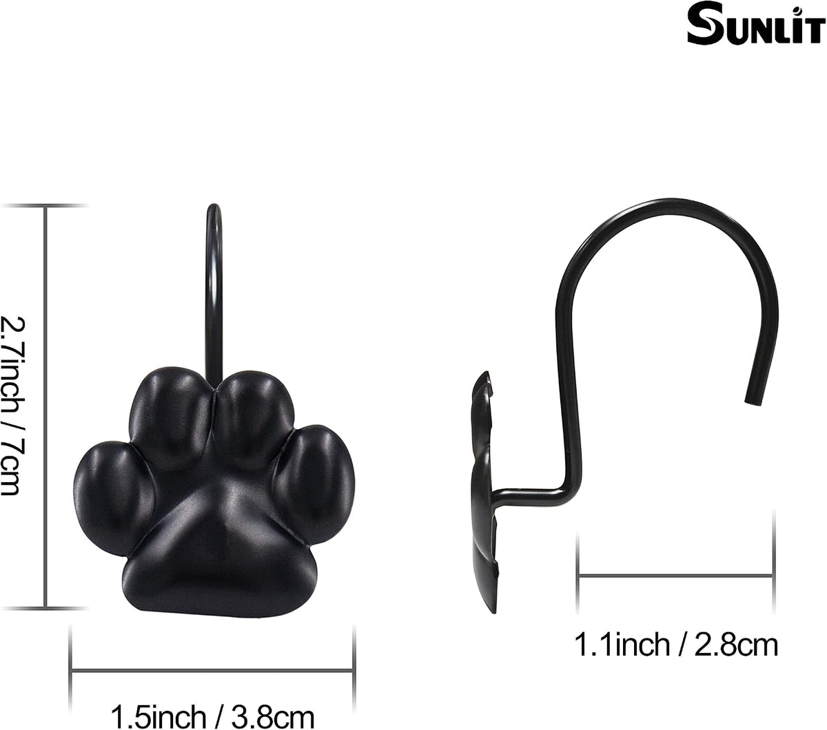 Sunlit Fashion Design Cute Paw Print Polished Shower Curtain Hooks for Dog Cat and Bear, Rust Proof Oil Metal Shower Curtain Rings, Black-12 Pack