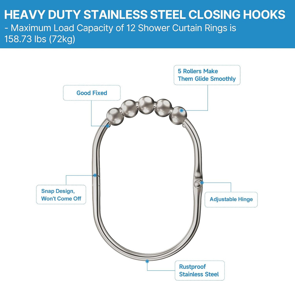 MENGJINGO 12PCS Wide Shower Curtain Hooks Rings, Rust Proof Stainless Steel, Heavy Duty Shower Hooks Rings for Bathroom Shower Rods Curtains Liners, Easy Glide Rollers, Set of 12, Matte Nickel