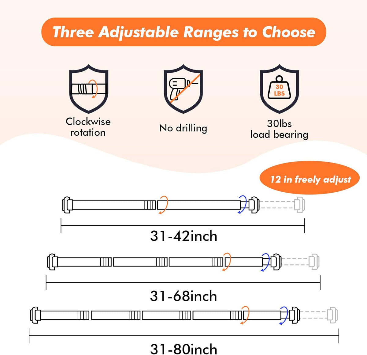 Shower Curtain Rod 31-68 in Adjustable Curtain Rod No Drilling Tension Shower Rod Stainless Steel for Door Curtain, Closet, RV, White